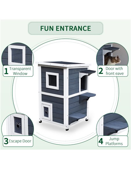 PawHut Wooden Cat House 2-Floor Outdoor Kitten Shelter with Window Grey - pic 148804 | FastDaddyshop