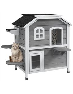 PawHut 2-story Cat House Outdoor, Weatherproof Wooden Cat Enclosure for Feral Cats with Escape Door, Openable Roof, Jumping Plat