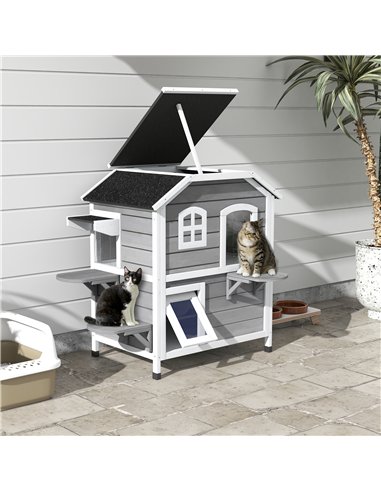 PawHut 2-story Cat House Outdoor, Weatherproof Wooden Cat Enclosure for Feral Cats with Escape Door, Openable Roof, Jumping Plat