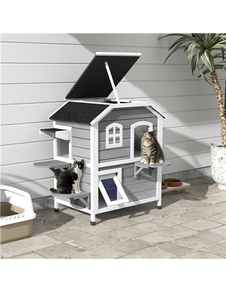PawHut 2-story Cat House Outdoor, Weatherproof Wooden Cat Enclosure for Feral Cats with Escape Door, Openable Roof, Jumping Plat - pic 148809 | FastDaddyshop