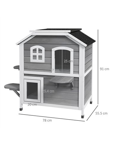 PawHut 2-story Cat House Outdoor, Weatherproof Wooden Cat Enclosure for Feral Cats with Escape Door, Openable Roof, Jumping Plat