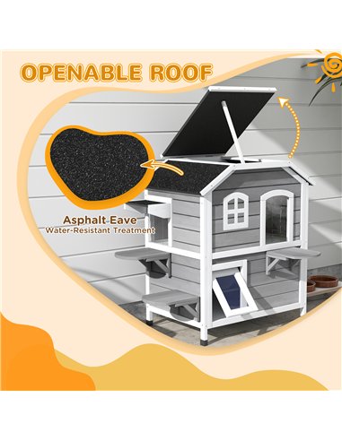 PawHut 2-story Cat House Outdoor, Weatherproof Wooden Cat Enclosure for Feral Cats with Escape Door, Openable Roof, Jumping Plat