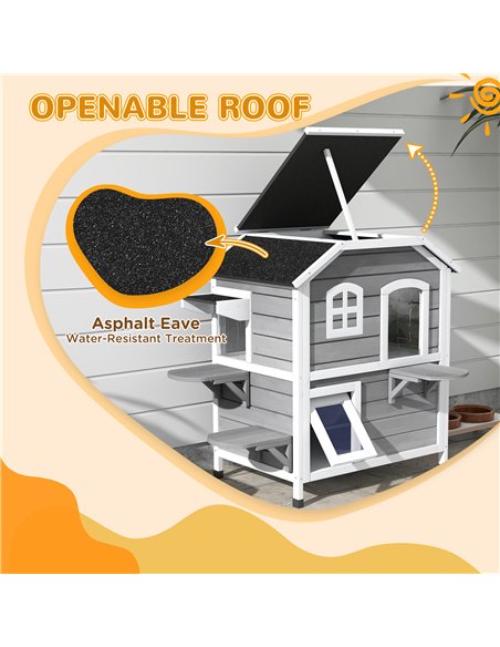PawHut 2-story Cat House Outdoor, Weatherproof Wooden Cat Enclosure for Feral Cats with Escape Door, Openable Roof, Jumping Plat - pic 148811 | FastDaddyshop