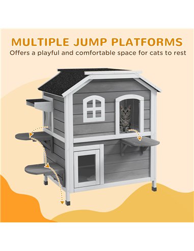 PawHut 2-story Cat House Outdoor, Weatherproof Wooden Cat Enclosure for Feral Cats with Escape Door, Openable Roof, Jumping Plat