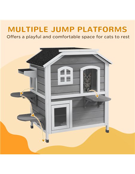 PawHut 2-story Cat House Outdoor, Weatherproof Wooden Cat Enclosure for Feral Cats with Escape Door, Openable Roof, Jumping Plat - pic 148814 | FastDaddyshop