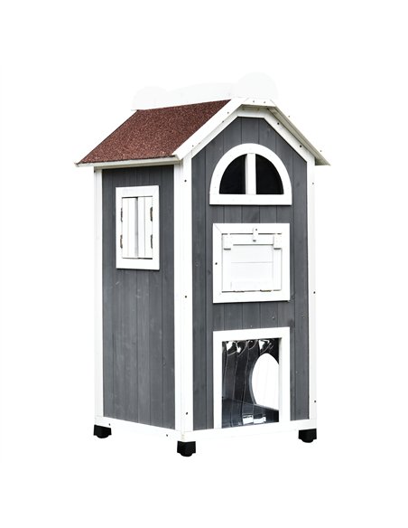 PawHut Wooden Cat House, Weatherproof Pet Shelter, Outdoor Cat Condos Cave, 2 Floor Furniture, Grey and White - pic 148817 | FastDaddyshop