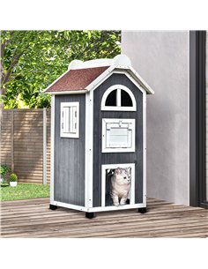 PawHut Wooden Cat House, Weatherproof Pet Shelter, Outdoor Cat Condos Cave, 2 Floor Furniture, Grey and White 2