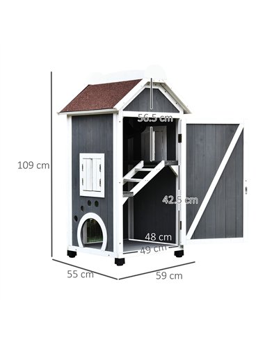 PawHut Wooden Cat House, Weatherproof Pet Shelter, Outdoor Cat Condos Cave, 2 Floor Furniture, Grey and White