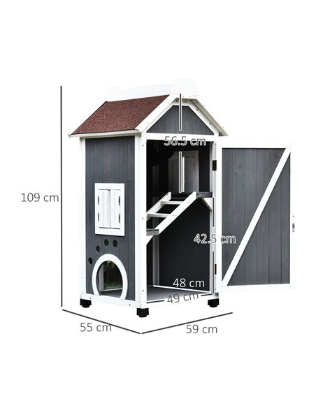 PawHut Wooden Cat House, Weatherproof Pet Shelter, Outdoor Cat Condos Cave, 2 Floor Furniture, Grey and White - pic 148819 | FastDaddyshop