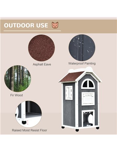 PawHut Wooden Cat House, Weatherproof Pet Shelter, Outdoor Cat Condos Cave, 2 Floor Furniture, Grey and White