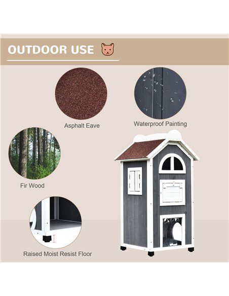 PawHut Wooden Cat House, Weatherproof Pet Shelter, Outdoor Cat Condos Cave, 2 Floor Furniture, Grey and White - pic 148820 | FastDaddyshop