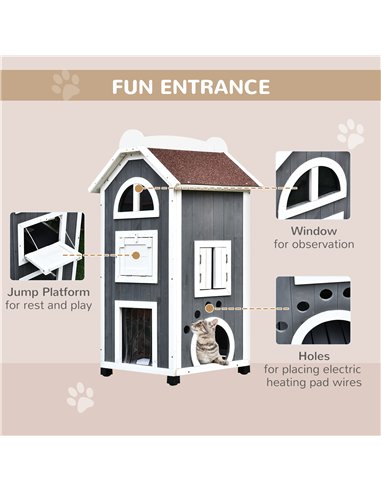 PawHut Wooden Cat House, Weatherproof Pet Shelter, Outdoor Cat Condos Cave, 2 Floor Furniture, Grey and White