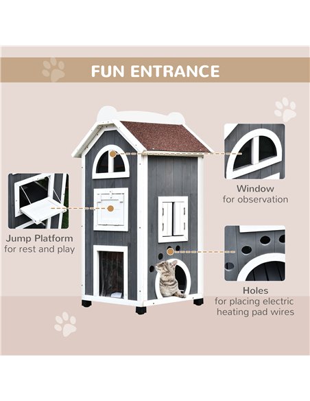 PawHut Wooden Cat House, Weatherproof Pet Shelter, Outdoor Cat Condos Cave, 2 Floor Furniture, Grey and White - pic 148821 | FastDaddyshop