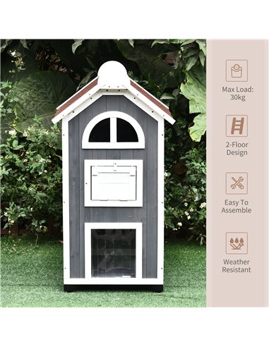 PawHut Wooden Cat House, Weatherproof Pet Shelter, Outdoor Cat Condos Cave, 2 Floor Furniture, Grey and White