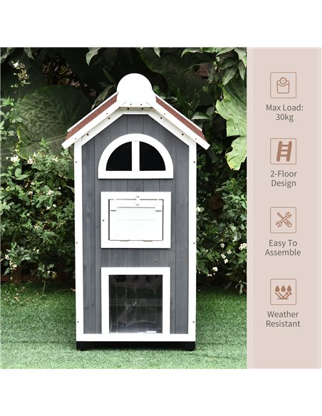 PawHut Wooden Cat House, Weatherproof Pet Shelter, Outdoor Cat Condos Cave, 2 Floor Furniture, Grey and White - pic 148822 | FastDaddyshop
