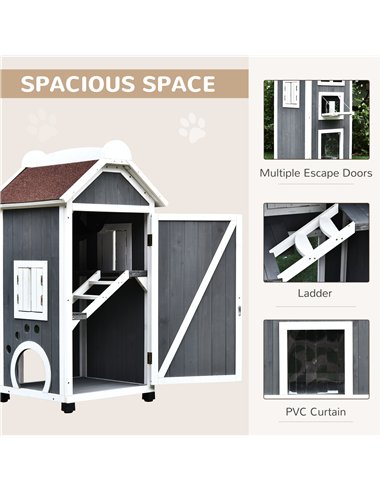 PawHut Wooden Cat House, Weatherproof Pet Shelter, Outdoor Cat Condos Cave, 2 Floor Furniture, Grey and White