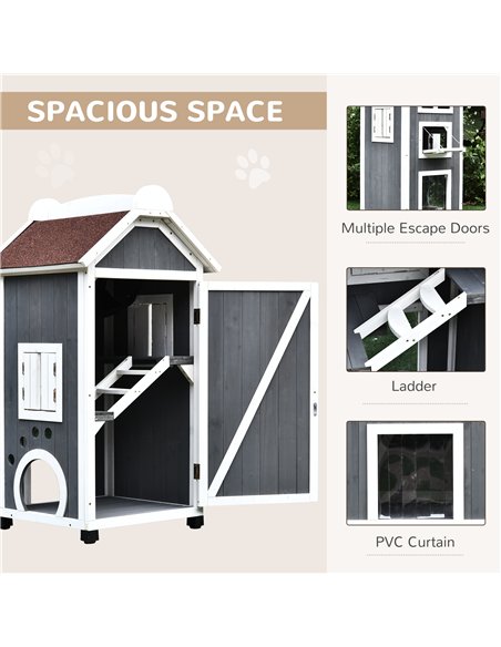 PawHut Wooden Cat House, Weatherproof Pet Shelter, Outdoor Cat Condos Cave, 2 Floor Furniture, Grey and White - pic 148823 | FastDaddyshop