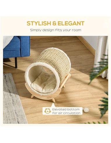 PawHut Raised Cat House, with Scratcher - Beige