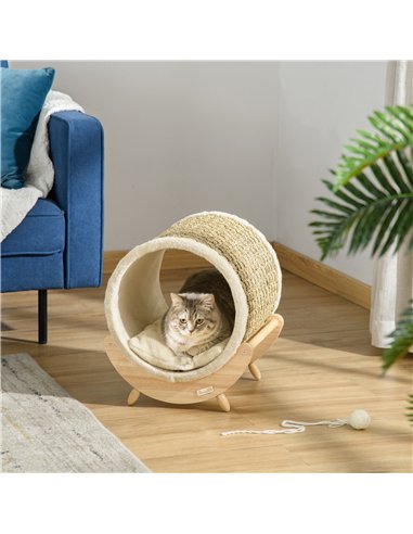 PawHut Raised Cat House, with Scratcher - Beige