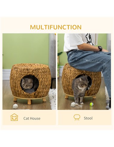 PawHut Wicker Cat Bed Cat House Stool with Washable Cushion, 44 x 43 x 41cm