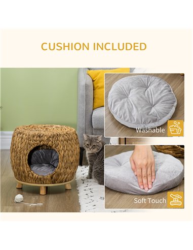 PawHut Wicker Cat Bed Cat House Stool with Washable Cushion, 44 x 43 x 41cm