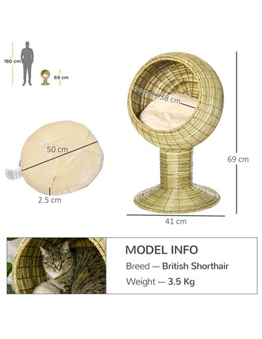 PawHut Raised Detachable Cat house, Natural Mat Grass Cat Bed, with Cushion