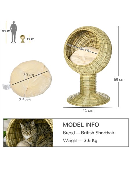 PawHut Raised Detachable Cat house, Natural Mat Grass Cat Bed, with Cushion - pic 148855 | FastDaddyshop