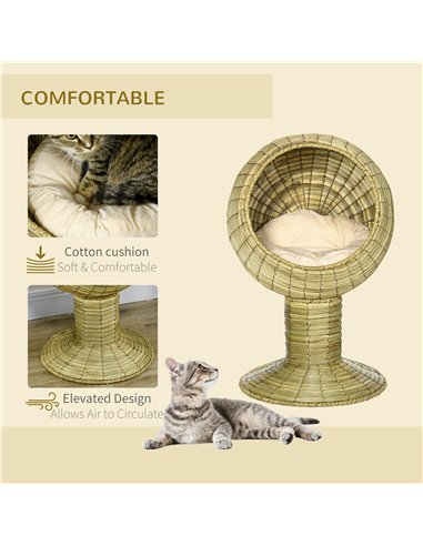 PawHut Raised Detachable Cat house, Natural Mat Grass Cat Bed, with Cushion