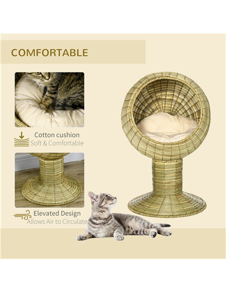 PawHut Raised Detachable Cat house, Natural Mat Grass Cat Bed, with Cushion - pic 148857 | FastDaddyshop