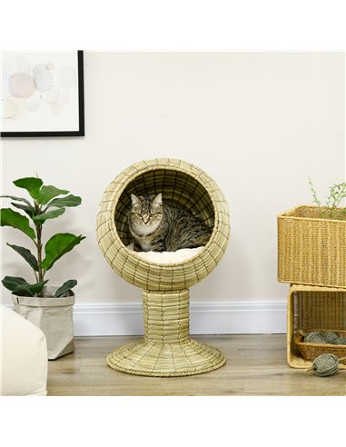 PawHut Raised Detachable Cat house, Natural Mat Grass Cat Bed, with Cushion