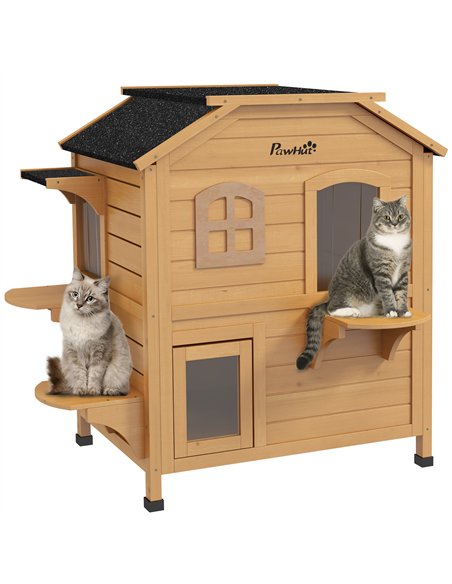 PawHut 2-story Cat House Outdoor, Weatherproof Wooden Cat Enclosure for Feral Cats with Escape Door, Openable Roof, Jumping Plat - pic 148862 | FastDaddyshop