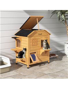 PawHut 2-story Cat House Outdoor, Weatherproof Wooden Cat Enclosure for Feral Cats with Escape Door, Openable Roof, Jumping Plat 2