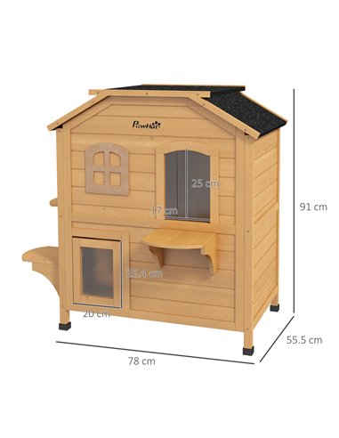 PawHut 2-story Cat House Outdoor, Weatherproof Wooden Cat Enclosure for Feral Cats with Escape Door, Openable Roof, Jumping Plat