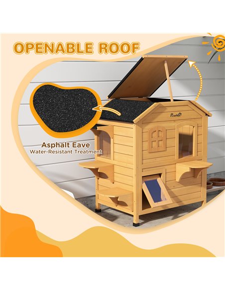 PawHut 2-story Cat House Outdoor, Weatherproof Wooden Cat Enclosure for Feral Cats with Escape Door, Openable Roof, Jumping Plat - pic 148865 | FastDaddyshop