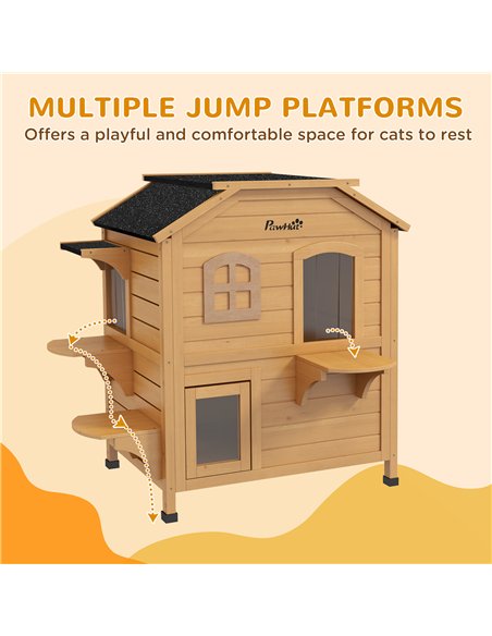 PawHut 2-story Cat House Outdoor, Weatherproof Wooden Cat Enclosure for Feral Cats with Escape Door, Openable Roof, Jumping Plat - pic 148868 | FastDaddyshop