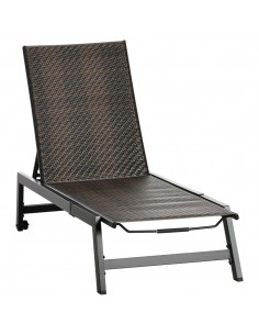Outsunny Outdoor PE Rattan Sun Lounger with 5-Position Backrest, Wheels, Brown