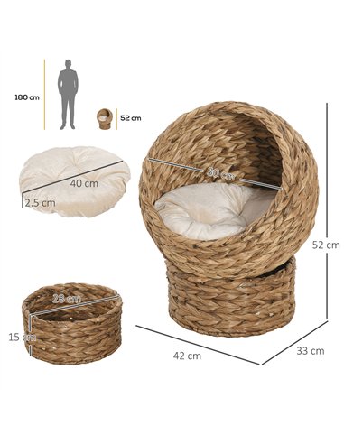 PawHut Wicker Cat Bed, Raised Rattan Cat Basket with Cylindrical Base, Soft Washable Cushion, 42 x 33 x 52cm - Brown