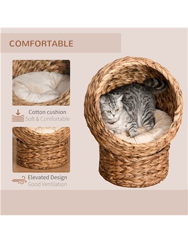 PawHut Wicker Cat Bed, Raised Rattan Cat Basket with Cylindrical Base, Soft Washable Cushion, 42 x 33 x 52cm - Brown