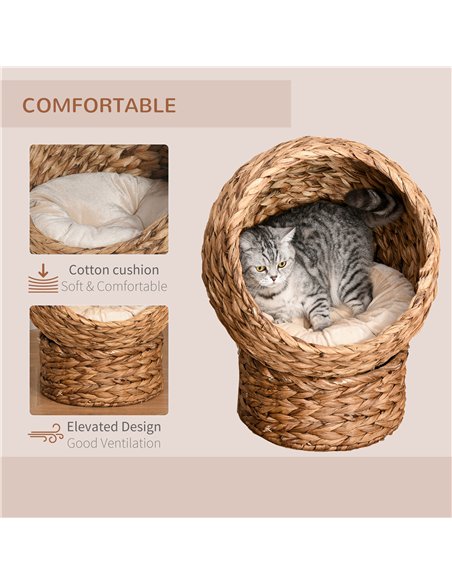 PawHut Wicker Cat Bed, Raised Rattan Cat Basket with Cylindrical Base, Soft Washable Cushion, 42 x 33 x 52cm - Brown - pic 148874 | FastDaddyshop