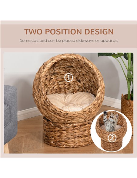 PawHut Wicker Cat Bed, Raised Rattan Cat Basket with Cylindrical Base, Soft Washable Cushion, 42 x 33 x 52cm - Brown - pic 148876 | FastDaddyshop