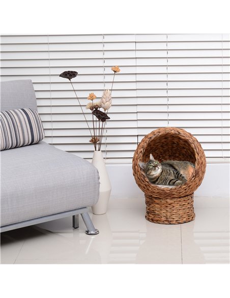 PawHut Wicker Cat Bed, Raised Rattan Cat Basket with Cylindrical Base, Soft Washable Cushion, 42 x 33 x 52cm - Brown - pic 148877 | FastDaddyshop