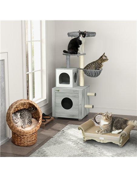 PawHut Wicker Cat Bed, Raised Rattan Cat Basket with Cylindrical Base, Soft Washable Cushion, 42 x 33 x 52cm - Brown - pic 148879 | FastDaddyshop