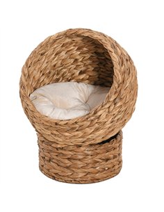 PawHut Wicker Cat Bed, Raised Rattan Cat Basket with Cylindrical Base, Soft Washable Cushion, 50 x 42 x 60 cm - Brown
