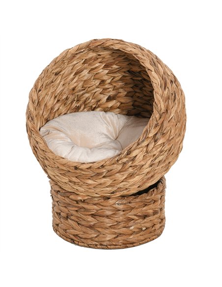 PawHut Wicker Cat Bed, Raised Rattan Cat Basket with Cylindrical Base, Soft Washable Cushion, 50 x 42 x 60 cm - Brown - pic 148880 | FastDaddyshop