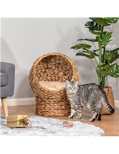 PawHut Wicker Cat Bed, Raised Rattan Cat Basket with Cylindrical Base, Soft Washable Cushion, 50 x 42 x 60 cm - Brown 2