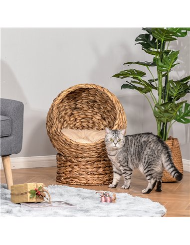 PawHut Wicker Cat Bed, Raised Rattan Cat Basket with Cylindrical Base, Soft Washable Cushion, 50 x 42 x 60 cm - Brown