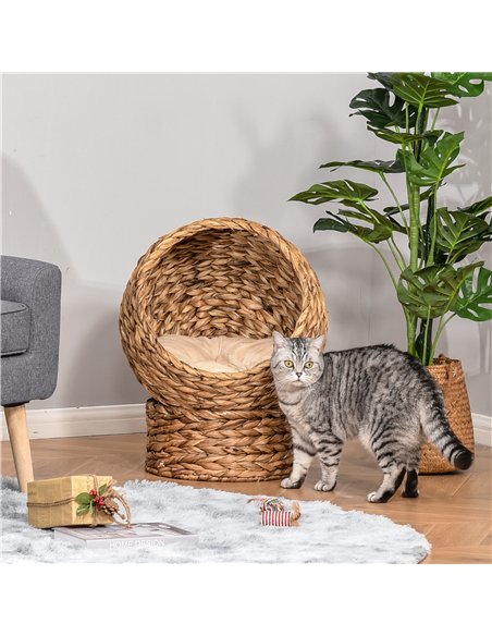 PawHut Wicker Cat Bed, Raised Rattan Cat Basket with Cylindrical Base, Soft Washable Cushion, 50 x 42 x 60 cm - Brown - pic 148881 | FastDaddyshop