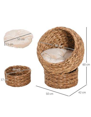 PawHut Wicker Cat Bed, Raised Rattan Cat Basket with Cylindrical Base, Soft Washable Cushion, 50 x 42 x 60 cm - Brown
