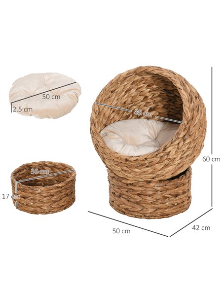 PawHut Wicker Cat Bed, Raised Rattan Cat Basket with Cylindrical Base, Soft Washable Cushion, 50 x 42 x 60 cm - Brown - pic 148882 | FastDaddyshop