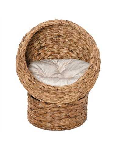 PawHut Wicker Cat Bed, Raised Rattan Cat Basket with Cylindrical Base, Soft Washable Cushion, 50 x 42 x 60 cm - Brown